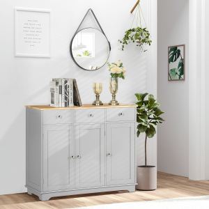 Armoire cuisine bois massif, 3 tiroirs, étagère ajustable, gris