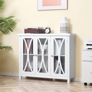 Sideboard, Buffet Cabinet with 3 Tempered Glass Doors, Arc Pattern and Adjustable Storage Shelf, Credenza, White