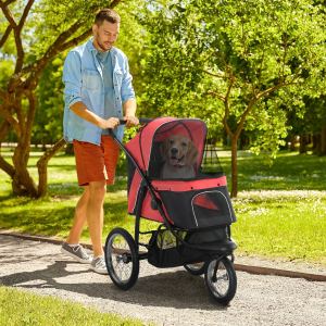 Poussette animaux 3 roues petits chiens canopy, rouge