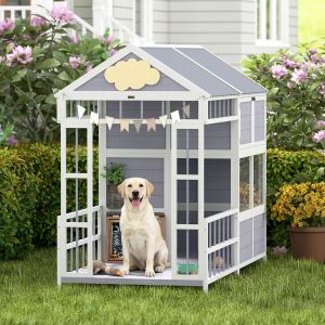 Niche chien 79" bois, porche, armoire, toiture, fenêtres