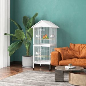 Cage oiseau métal roulant perchoirs, 67po H, blanc