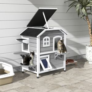 Maison chat 2 étages extérieur, imperméable, plateformes saut, gris