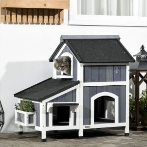 Abri chat extérieur toit résistant jardinière gris