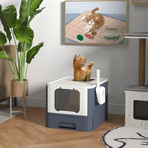 Bac litière chat couvercle, entrée avant, sortie haut, blanc