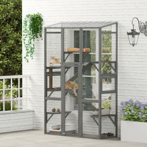 Outdoor Catio Cat Enclosure, Large Wooden Cat House with 6 Jumping Platforms, Scratching Post, 2 Ramps, for 2-3 Kittens
