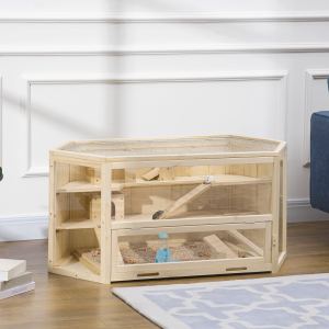 Cage hamster bois grand 3 étages, accessoires naturel