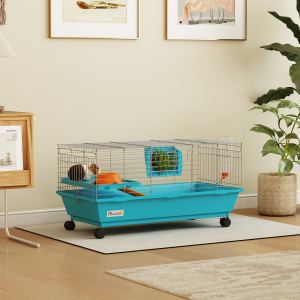 Cage petit animal 35" roulettes, cobaye, bleu