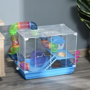 Cage hamster 2 niveaux avec roue, tubes, bouteille d'eau