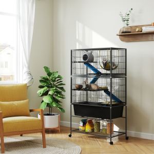 Cage Petit Animal 59" 5 Niveaux Roulettes Gris Foncé