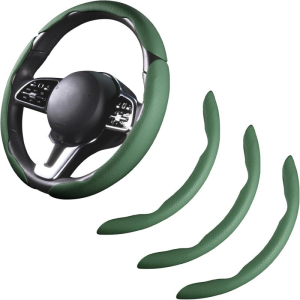 Car Steering Wheel Cover - Leather Snap-on Three-piece Set - Anti-slip Protection Cover - Steering Wheel Control Accessory - Universal Model - Dark Green