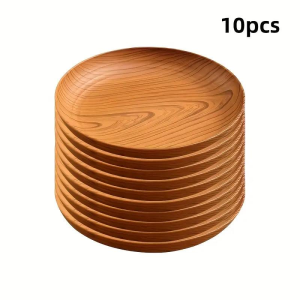 10 assiettes plastique grain bois rond rayures légères