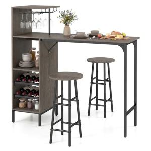 Ensemble 3 pièces: table bar stools rangement vin chêne