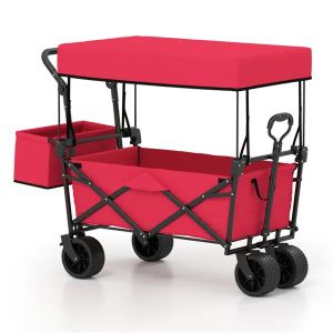 Chariot utilitaire pliable rouge, poignée ajustable, roues anti-crevaison