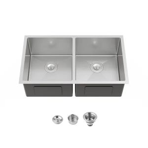 Évier cuisine double 33x19 po encastré acier brossé