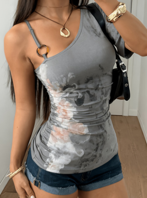 Printed Off-shoulder Camisole Fitted Knit Top