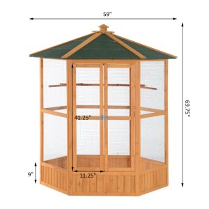 PawHut Cage Volière Hexagonale Bois 69" Toit Couvert