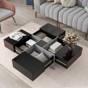 Table à café design avec 4 rangements cachés, plateau extensible