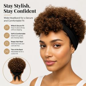 Perruque courte bouclée brune, cheveux humains, sans colle, confortable