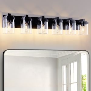 Luminaires vanité salle bain 6 ampoules, noir mat, verre clair