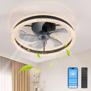 Ventilateur plafond LED 20 po, anneaux doubles, télécommande, noir