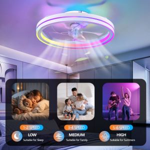 Ventilateur plafond RGB 19po LED, télécommande APP, lame moderne, chambre