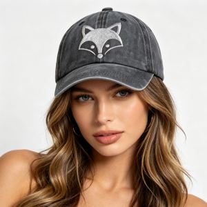 2pcs Cute Fox Face Embroidered Baseball Cap - Vintage Washed Cotton Hat, Adjustable Unstructured Low Profile, Casual Outdoor Sun Hat For Men Women