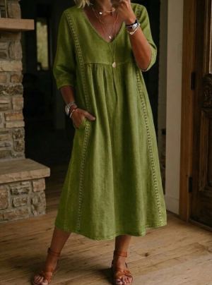 Robe lin coton col V dentelle casual ample