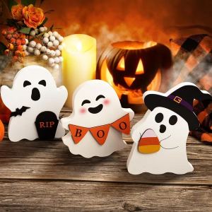 Décor Halloween fantôme mignon bois, 3 pièces, noir