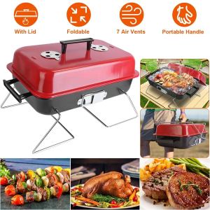 Gril charbon portable, petit barbecue, pliable, couvercle, camping