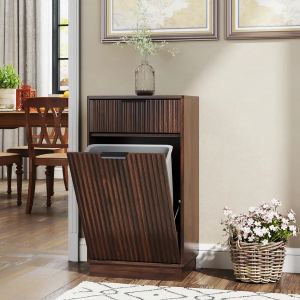 10-Gallon Woodgrain Tilt-Out Trash Can Cabinet Wooden Garbage Recycling Cabinet With Wave-Textured Hideaway Drawer&Pull-Out Bin-Multipurpose Kitchen&Bath Organizer In Walnut Finish