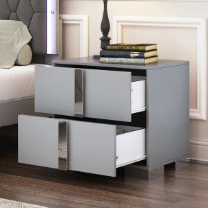 Elegant Nightstand With Metal Foot, Mirrored Bedside Table With 2 Drawers For Bedroom, Living Room, Gray