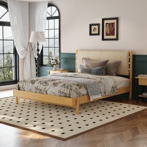 Lit plateforme bois caoutchouc Queen, tête de lit, beige
