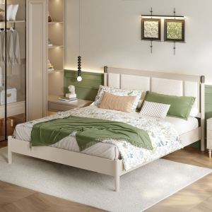 Lit roi bois massif 600 lbs, tête lit velours gris, poignées métal