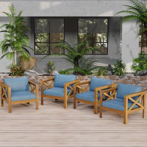 Ensemble 4 fauteuils club acacia avec coussins bleus, extérieur