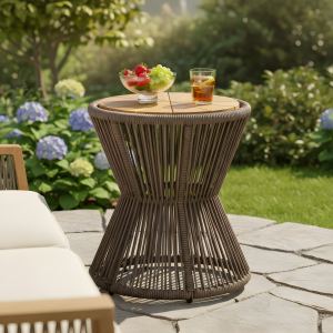 Table d'appoint extérieure, corde grise, bois acacia, design sablier