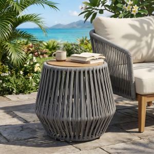 Table d'appoint acacia, base corde gris, fini teak naturel