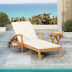 Chaise longue acacia à roulettes, coussin blanc, dossier ajustable
