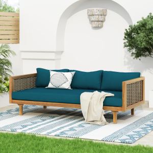 CLAREMONT lit de jour 3 places, bras rotin, coussin teak