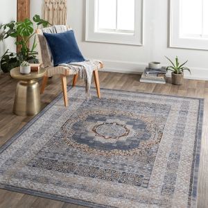 PAYAS Tapis 8x10 bleu ivoire, motif médaillon