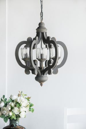 Lustre ferme 6 lumières bois chaîne ajustable