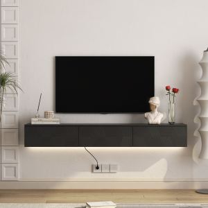Meuble TV mural flottant 67" LED 16 couleurs, noir