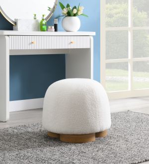 Pouf ottoman rond tissu teddy rembourrée, repose-pied, blanc