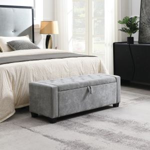 Ottoman rangement 48 po, banc rembourré gris clair, capacité 350 lb