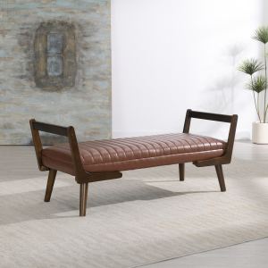 Banc 52po siècle moyen, tabouret repose-pied velours cognac