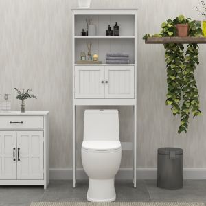 Étagère toilette 2 étages, portes, rangement salle bain, blanc