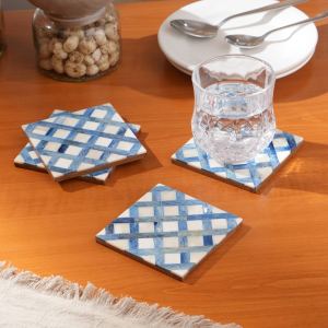 Ensemble 4 sous-verres carrés os incrusté blanc bleu