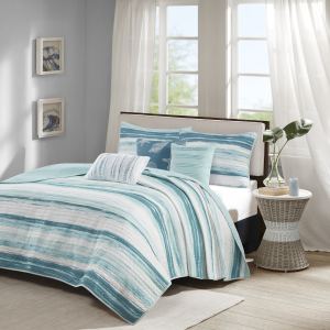 Ensemble courtepointe 6 pcs motif coussins aqua complet-queen