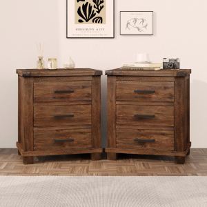 Table de nuit farmhouse 3 tiroirs, ensemble 2x
