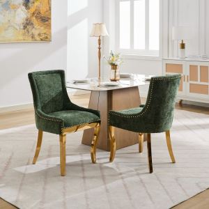 2 Chaises chenille moderne pattes or rivets vert