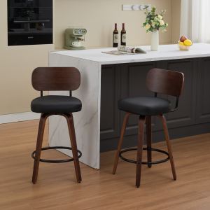 SW1864BK - Chaises bar cuir 26po, lot 2, noir/bois noyer